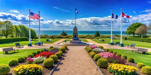Obraz premium Vibrant spring scenery surrounds the Utah Beach D-Day Landing Memorial in Sainte-Marie-du-Mont, France, featuring historic plaques, monuments, and museum amidst blooming flowers and lush greenery.