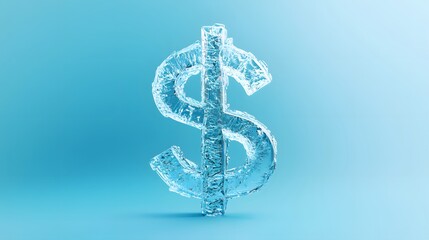 A 3D dollar sign made of ice, with frosty edges, positioned on a gradient background transitioning from icy blue to white, cool ambient lighting creating a crisp and clean visual, symbolizing cold