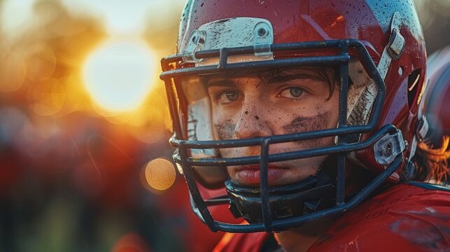 A football player in a red jersey with dirt-streaked cheeks gazes intently during sunset at a high school game