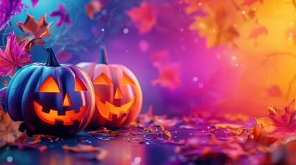 Fototapeta premium Two glowing jack o lanterns with autumn leaves, evoking festive Halloween spirit. vibrant colors create joyful atmosphere. 