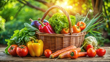 Assorted vibrant fresh vegetables, including carrots, bell peppers, and lettuce, arranged in a wicker basket, surrounded by lush green foliage on a sunny day.