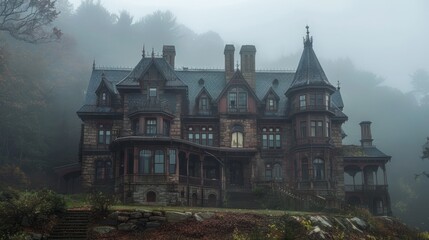 Mysterious Victorian mansion surrounded by fog in a dense forest during early morning