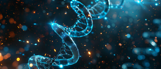 Obraz premium A glowing DNA double helix structure surrounded by particles, symbolizing life and genetics. image conveys sense of wonder and scientific exploration.