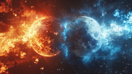 Obraz premium Celestial clash between a fiery sun and a cool moon in a cosmic setting