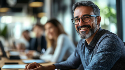 Obraz premium A man with glasses is smiling at the camera