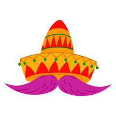 Mexican sambrero hat with mustache and pompoms on a white background. Vector flat illustration of national Mexican clothing. A large hat with brim and pompoms for a themed party in bright colors