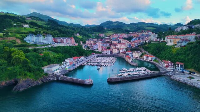 Aerial view from a drone of the surroundings of the village of Motrico (Mutricu in Basque) in the Lower Deva in the province of Guip&uacute;zcoa. Basque Country. Spain. Europe
