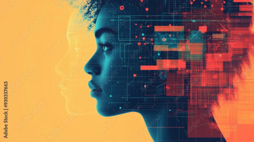Poster a woman's face is shown in a computer generated image with a yellow background