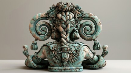 Intricate sculpture of a deity with ornate details displayed against a neutral background