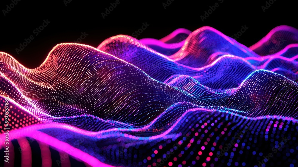 Poster a vibrant display of colorful waves created with digital particles, evoking sense of movement and en