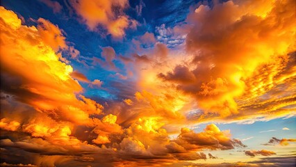 Fototapeta premium Vibrant orange-gold clouds gradate to soft pink, set against a bright blue sky with warm sunlight, perfect for twilight or evening landscape backgrounds.