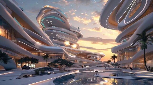 Futuristic architectural design featuring smooth, flowing structures at sunset.
