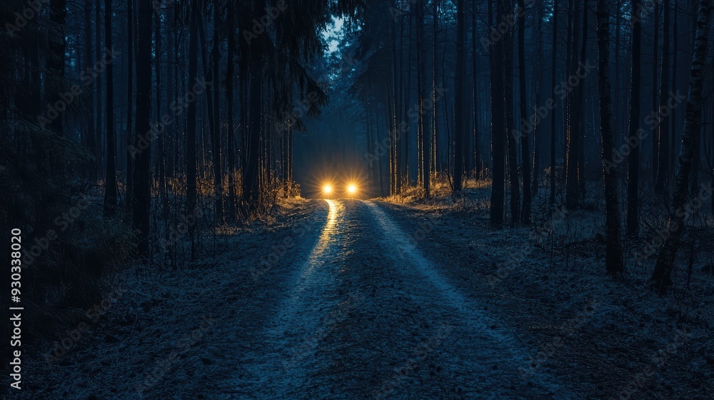 Poster a dimly lit forest road with headlights illuminating path, creating mysterious and serene atmosphere