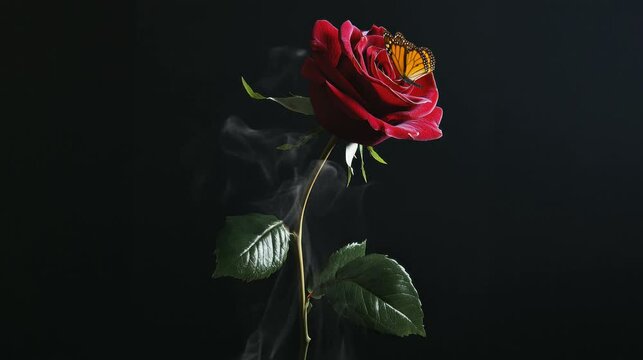 a very beautiful red rose and butterfly on a black background. seamless looping time-lapse virtual 4k video Animation Background.
