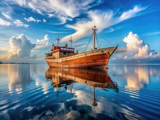 Naklejka premium Rusty old wooden cargo ship navigates through calm waters of Bengkalis Strait in Indonesia, showcasing traditional maritime trade and rich cultural heritage.