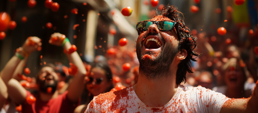 La Tomatina festival. people throw tomatoes enthusiastically at the La Tomatina Festival, people enjoying unique atmosphere at la tomatina festival.