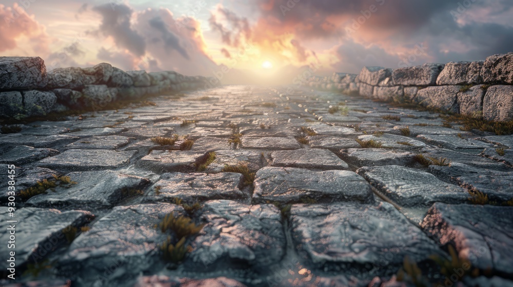 Poster cobblestone path illuminated by sunset with dramatic clouds in the background