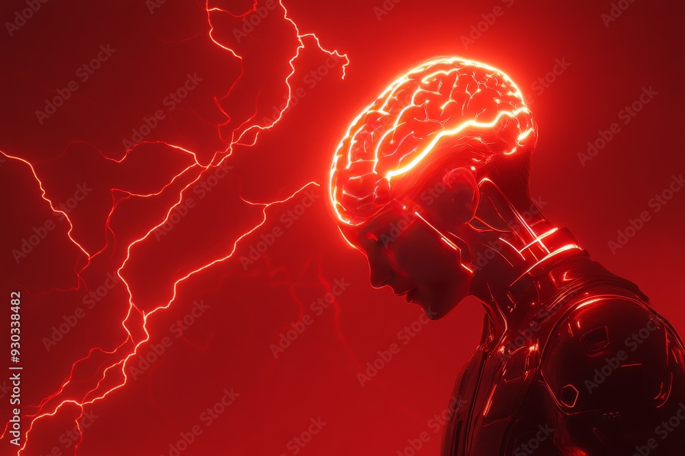 Aufkleber futuristic depiction of a person with a glowing red brain charged with electric energy symbolizing t