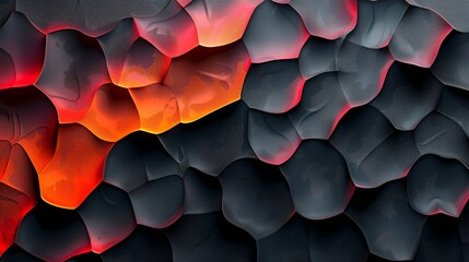 Fototapeta premium Abstract 3D illustration of dark grey scale texture glowing with fiery orange and red volcanic light from underneath the cracks.
