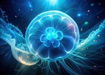 Mesmerizing moon jellyfish Aurelia aurita glows against a dark, abstract background of swirling blue and teal tones, evoking an otherworldly underwater atmosphere.
