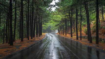 Fototapeta premium A serene and tranquil forest road, surrounded by tall pine trees, glistening with rain. atmosphere evokes sense of calm and reflection. 