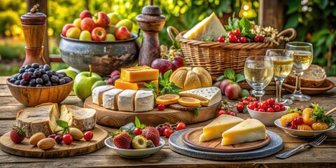 Elegant table setting featuring a vibrant array of gourmet dishes, fresh fruits, artisanal cheeses, and crusty breads, exuding warmth and inviting sophistication.