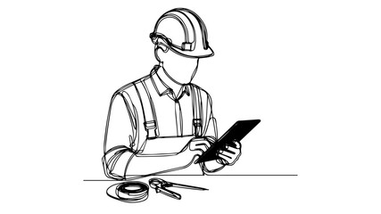 construction worker using a tablet one line drawing