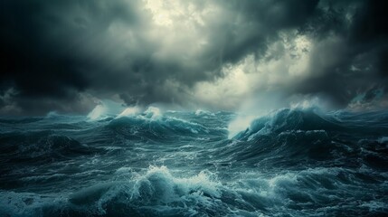 Obraz premium Dark storm clouds over choppy ocean waves during late afternoon