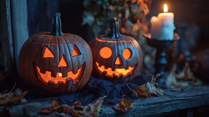 Fototapeta premium Two carved pumpkins, Halloween decorations, glowing faces, autumn leaves, candlelight ambiance. scene evokes spooky yet festive atmosphere. 