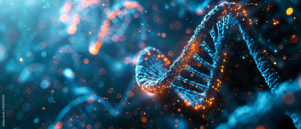 Wall mural a close up view of dna double helix structure, glowing with vibrant colors and sparkling particles, 