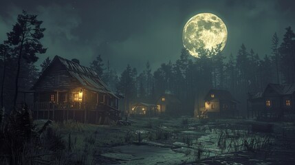 Quiet village under a full moon with glowing windows and silhouettes of trees