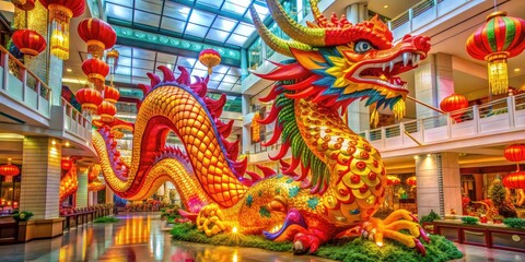Obraz premium Vibrant Chinese zodiac decorations adorn Gandaria City Mall in South Jakarta, celebrating the energetic and powerful Dragon in a kaleidoscope of colors and festive flair.