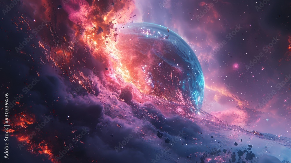 Aufkleber cosmic explosion with a vibrant planet against a backdrop of swirling clouds in space