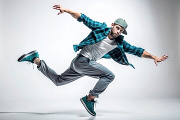 Energetic male dancer in trendy outfit breaks into dynamic freestyle moves, frozen in motion against a crisp white background, capturing the essence of urban athleticism and carefree youth spirit.