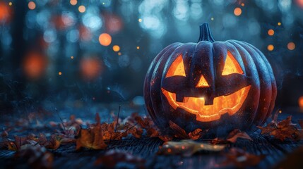 Obraz premium A glowing jack o lantern surrounded by autumn leaves evokes festive Halloween atmosphere. warm light contrasts with cool background, creating magical scene. 