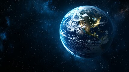 Fototapeta premium Planet Earth globe in deep space showing glowing golden city lights across North America with swirling clouds and stars in the background.