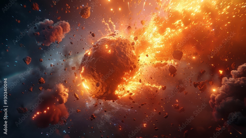 Poster explosive collision of asteroids in deep space illuminated by vibrant flames and cosmic dust