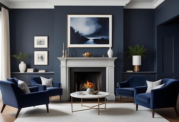 Fototapeta premium A modern living room with a gray sofa, armchairs, and a coffee table in front of a fireplace. The walls are painted in a dark blue color, and there are four framed artworks hanging on the wall.