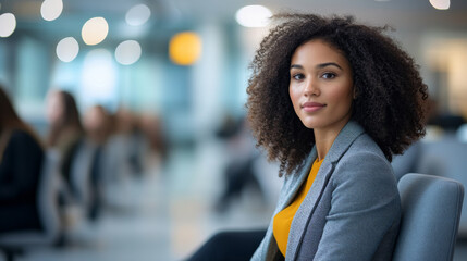 Fototapeta premium A woman with curly hair is sitting in a chair in a room