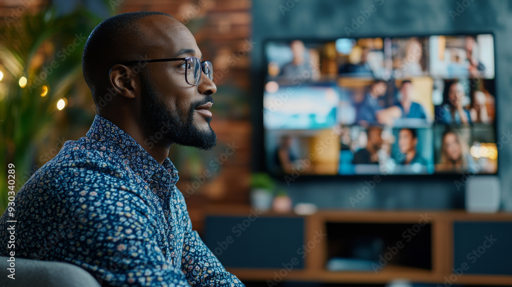 Poster a man is sitting on a couch in front of a television that is displaying a video