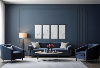 A modern living room with a gray sofa, armchairs, and a coffee table in front of a fireplace. The walls are painted in a dark blue color, and there are four framed artworks hanging on the wall.