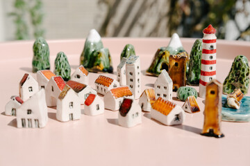 miniature handmade ceramic houses, close up