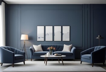 Fototapeta premium A modern living room with a gray sofa, armchairs, and a coffee table in front of a fireplace. The walls are painted in a dark blue color, and there are four framed artworks hanging on the wall.
