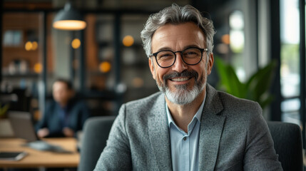 Fototapeta premium A man wearing glasses and a gray jacket is smiling at the camera