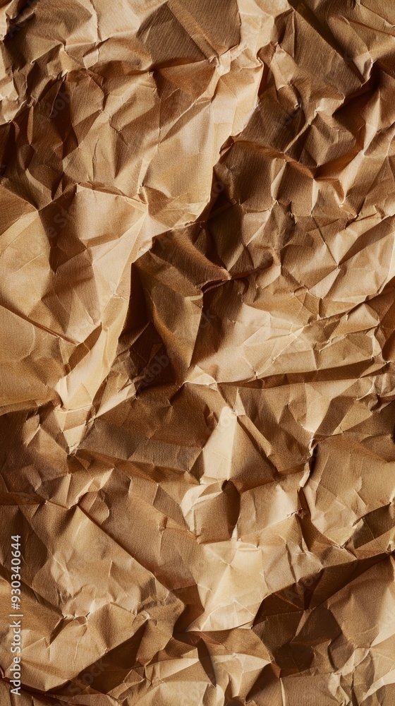 Poster crumpled brown paper displays intricate texture and shadows, showcasing its unique folds and creases