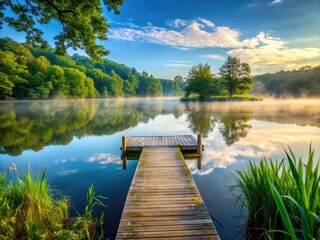 Obraz premium Serene morning scenery at a tranquil lake in northeast Indiana, featuring misty atmosphere, lush greenery, and a wooden dock reflecting in calm waters.