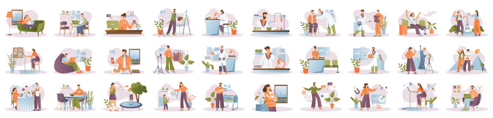 Bundle of simple concepts with people scene in flat cartoon design. A huge collection of vivid illustrations depicting men and women in purple, green and orange colors. Vector illustration.