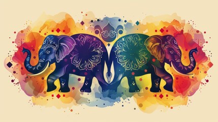 Colorful elephants decorated with intricate patterns on a vibrant watercolor background