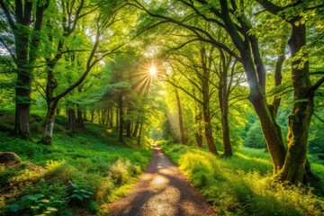 Fototapeta premium Serene rural footpath winds its way through a lush, vibrant wild foliage woodland, surrounded by dense greenery and dappled sunlight filtering through the trees.