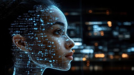 Profile of woman with digital data overlay futuristic cyber concept
